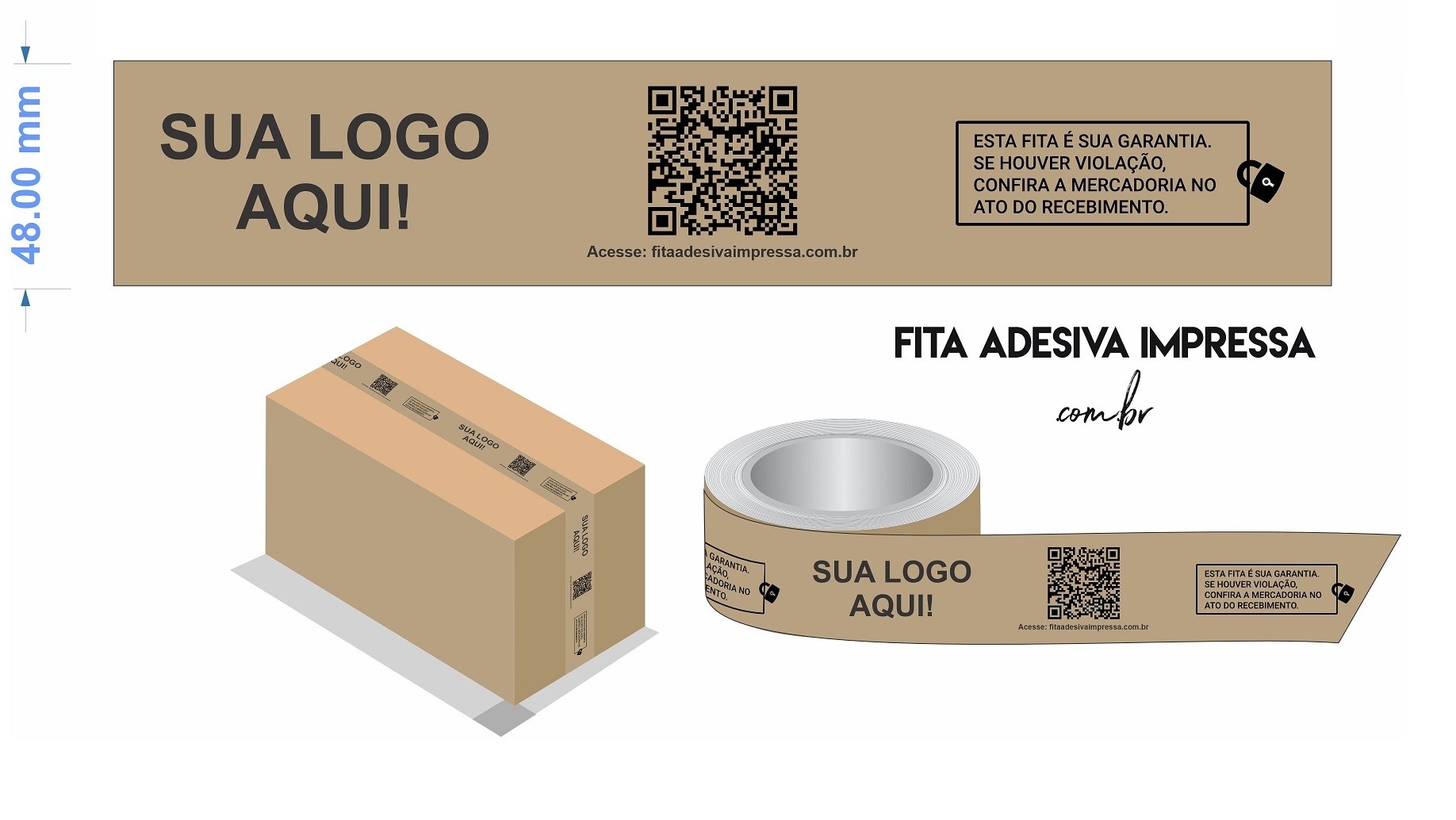 Fita Adesiva Impressa Personalizada 48mm x 100m Marrom c/ logomarca